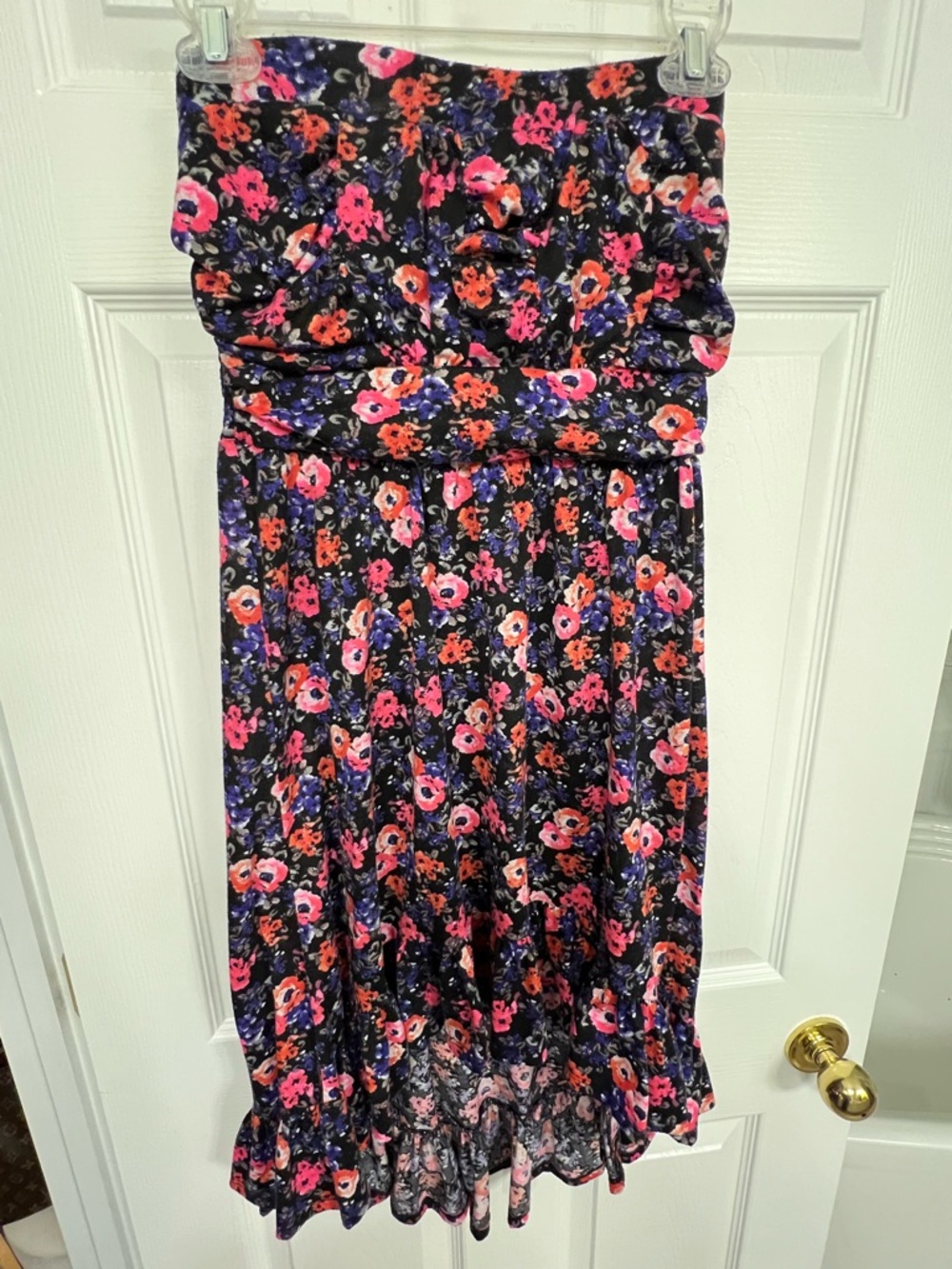 No Boundaries Black Strapless Floral Midi Dress with Pink & Purple Accents